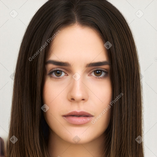 Neutral white young-adult female with long  brown hair and brown eyes