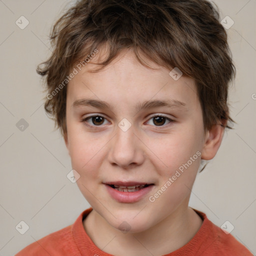 Joyful white child female with short  brown hair and brown eyes