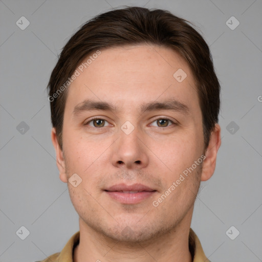 Neutral white young-adult male with short  brown hair and brown eyes