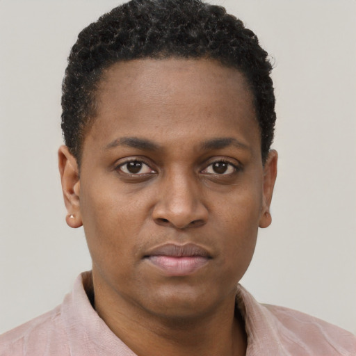 Neutral black young-adult female with short  black hair and brown eyes