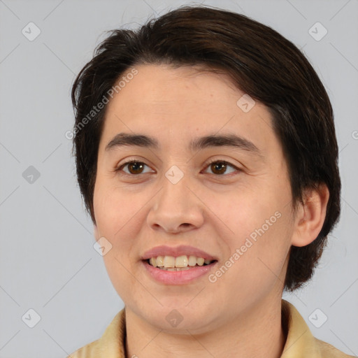 Joyful white young-adult female with medium  brown hair and brown eyes