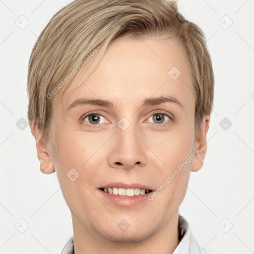 Joyful white young-adult female with short  brown hair and grey eyes