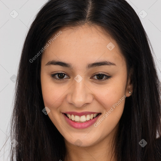 Joyful latino young-adult female with long  brown hair and brown eyes