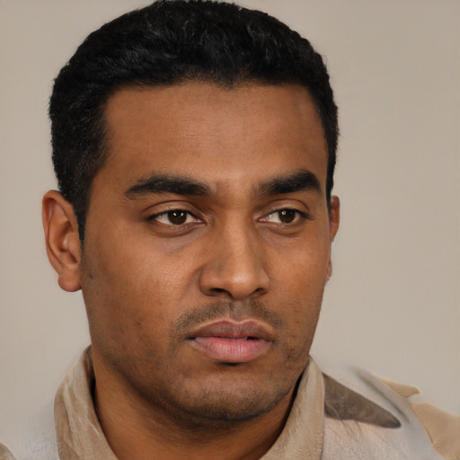 Neutral latino young-adult male with short  brown hair and brown eyes