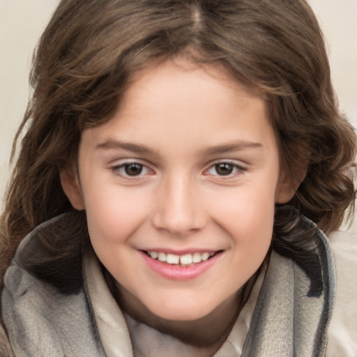 Joyful white child female with long  brown hair and brown eyes