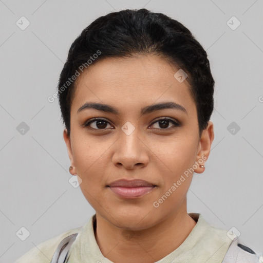 Joyful asian young-adult female with short  black hair and brown eyes