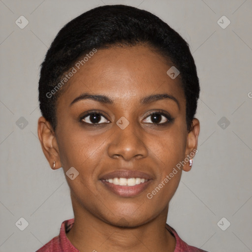 Joyful latino young-adult female with short  black hair and brown eyes