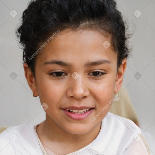 Joyful white child female with short  brown hair and brown eyes