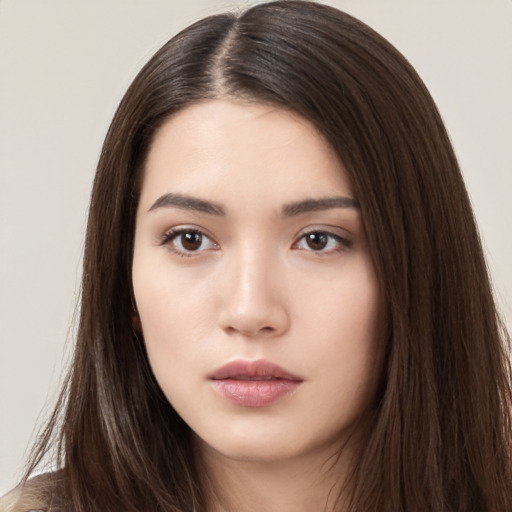 Neutral asian young-adult female with long  brown hair and brown eyes