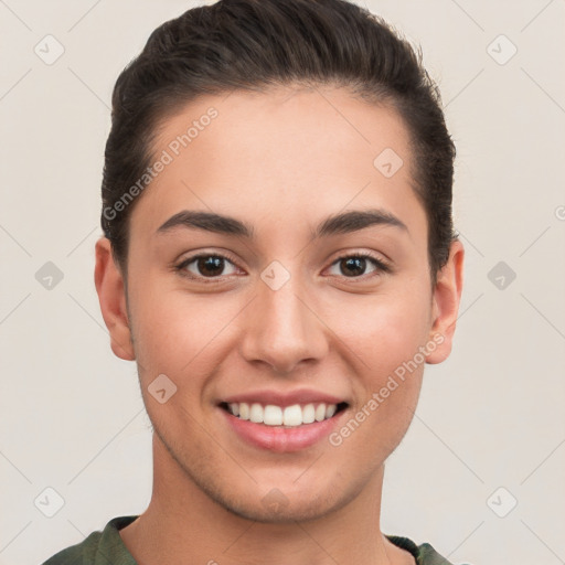 Joyful white young-adult female with short  brown hair and brown eyes