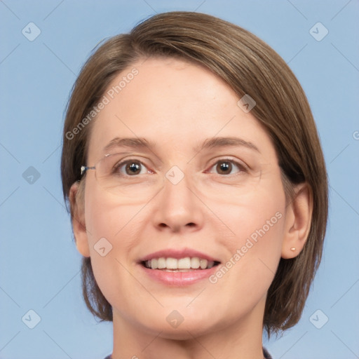 Joyful white adult female with medium  brown hair and grey eyes