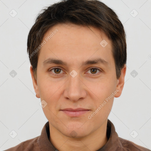 Joyful white young-adult male with short  brown hair and brown eyes