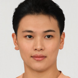 Neutral asian young-adult female with short  black hair and brown eyes