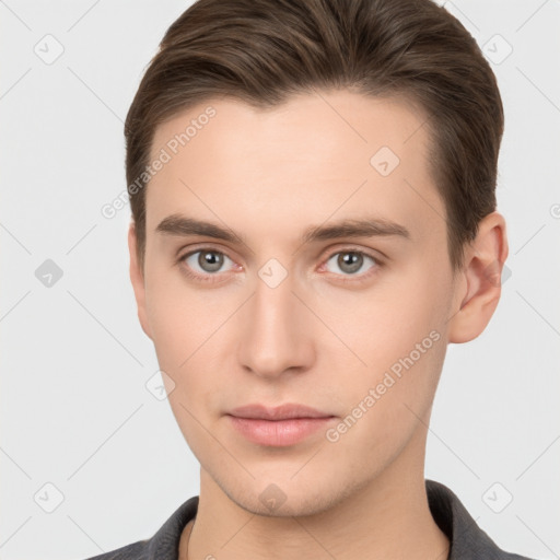 Neutral white young-adult male with short  brown hair and brown eyes