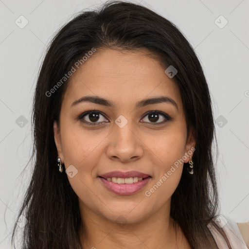 Joyful latino young-adult female with long  brown hair and brown eyes