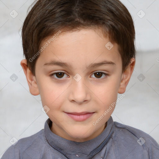 Joyful white child female with short  brown hair and brown eyes