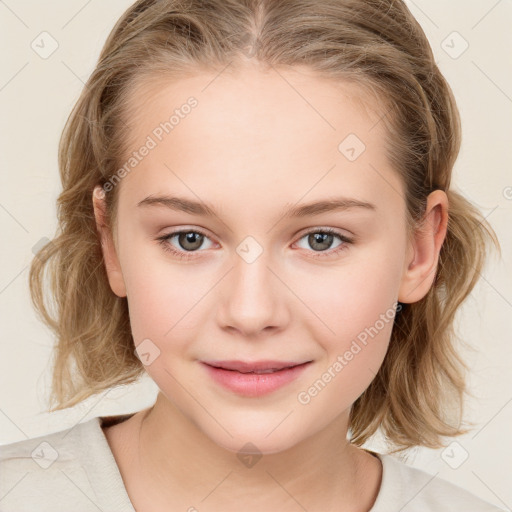 Joyful white child female with medium  brown hair and blue eyes