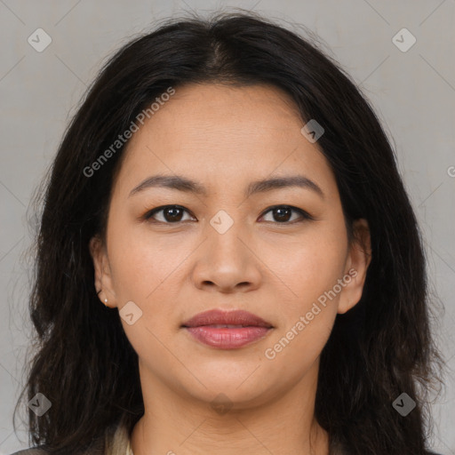 Joyful asian young-adult female with long  brown hair and brown eyes