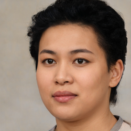 Neutral latino young-adult female with short  black hair and brown eyes