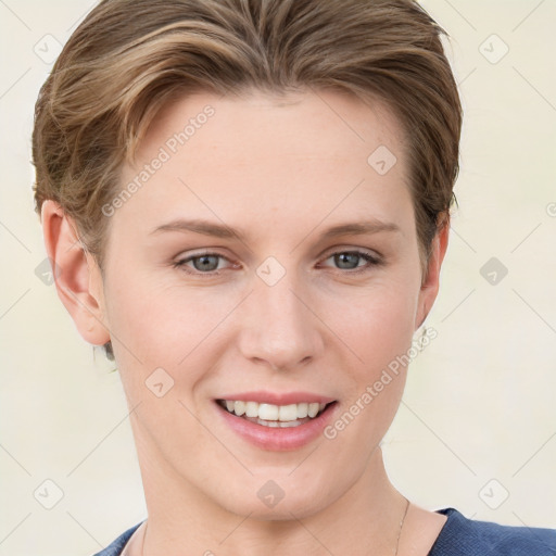 Joyful white young-adult female with short  brown hair and grey eyes