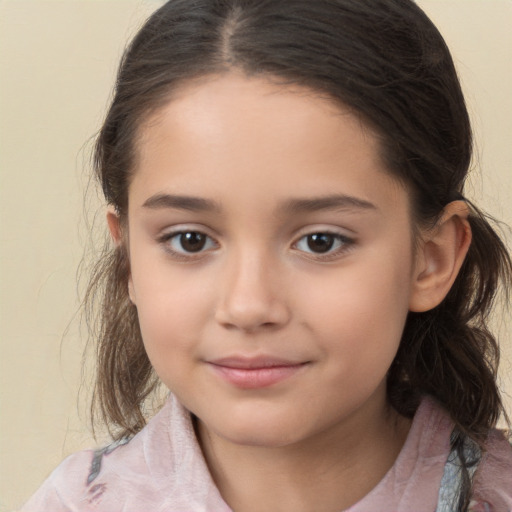 Joyful white child female with medium  brown hair and brown eyes