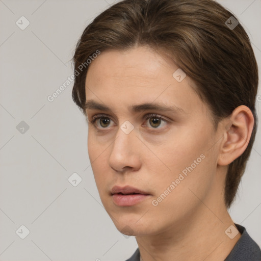 Neutral white young-adult female with short  brown hair and brown eyes