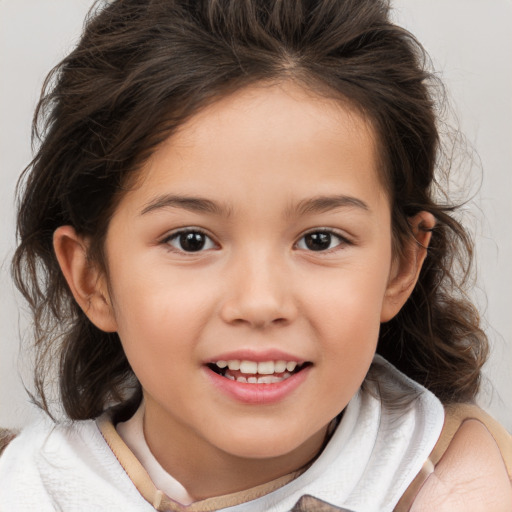 Joyful white child female with medium  brown hair and brown eyes