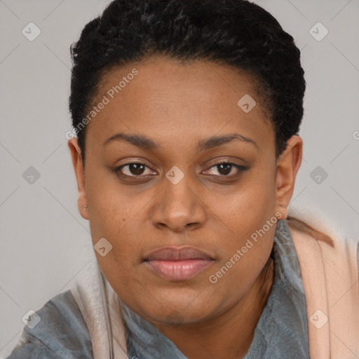 Joyful black young-adult female with short  black hair and brown eyes