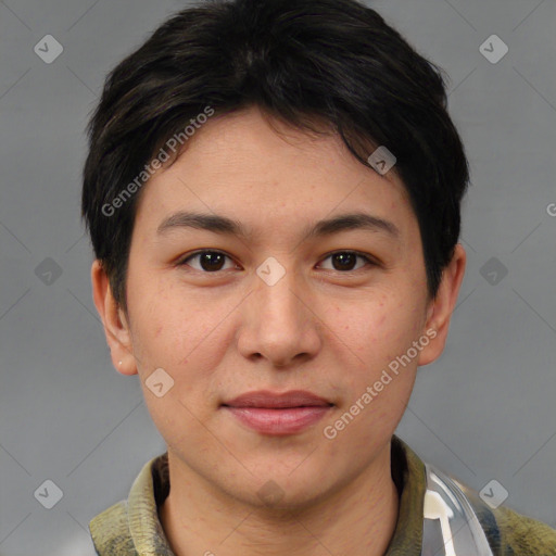 Joyful asian young-adult female with short  brown hair and brown eyes