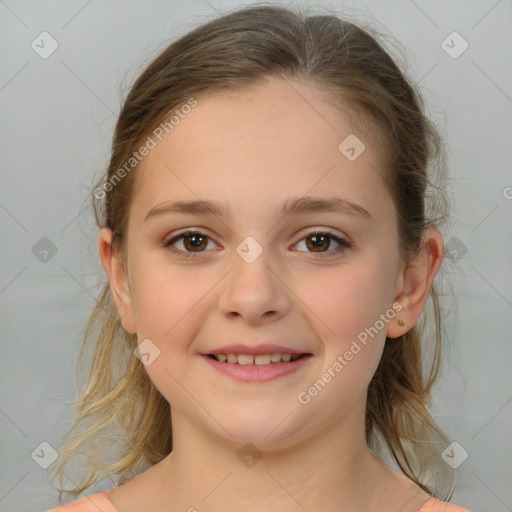 Joyful white child female with medium  brown hair and brown eyes