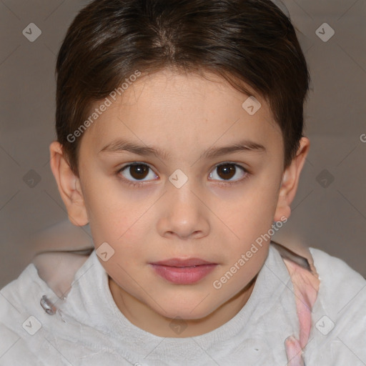 Joyful white child female with short  brown hair and brown eyes