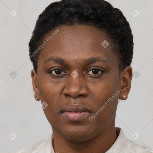 Neutral black young-adult female with short  brown hair and brown eyes