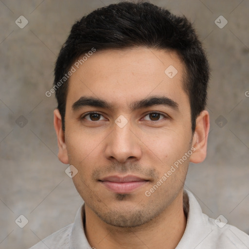 Joyful white young-adult male with short  black hair and brown eyes