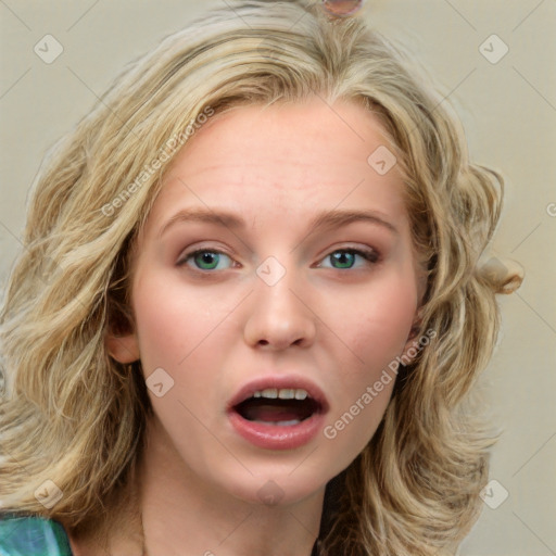 Neutral white young-adult female with medium  brown hair and green eyes