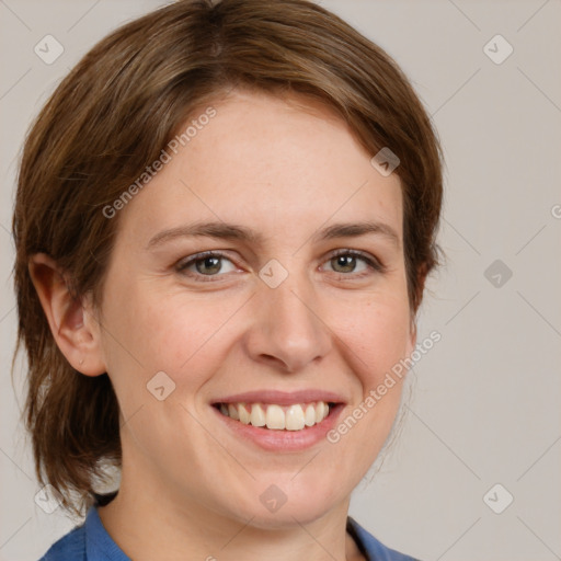 Joyful white young-adult female with medium  brown hair and blue eyes