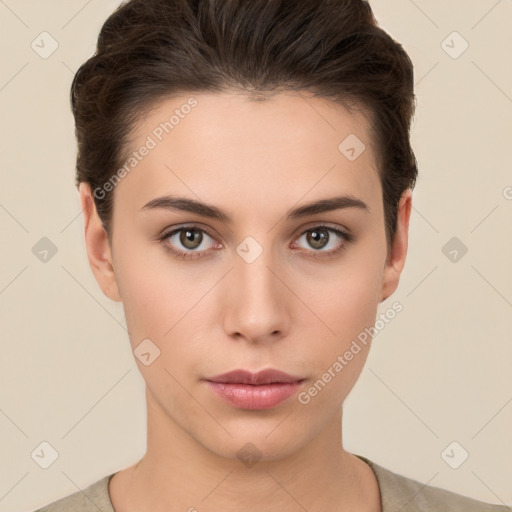 Neutral white young-adult female with short  brown hair and brown eyes