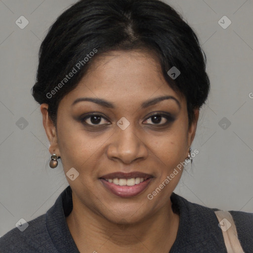 Joyful black young-adult female with medium  brown hair and brown eyes