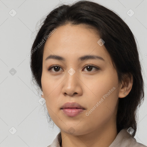 Neutral asian young-adult female with medium  black hair and brown eyes