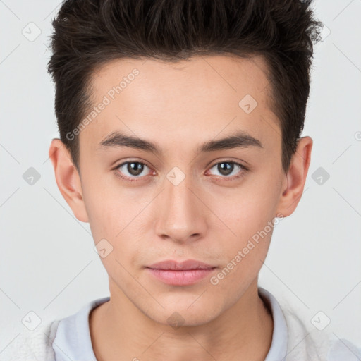 Neutral white young-adult male with short  brown hair and brown eyes