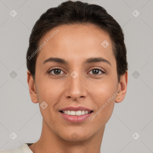 Joyful white young-adult female with short  brown hair and brown eyes