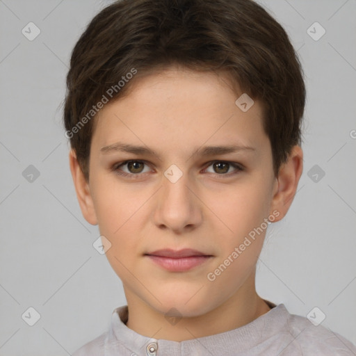 Neutral white young-adult female with short  brown hair and brown eyes