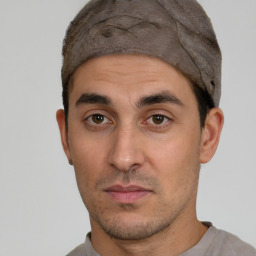 Neutral white young-adult male with short  black hair and brown eyes