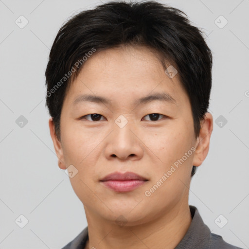 Neutral asian young-adult male with short  brown hair and brown eyes