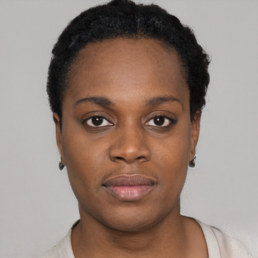 Neutral black young-adult female with short  black hair and brown eyes