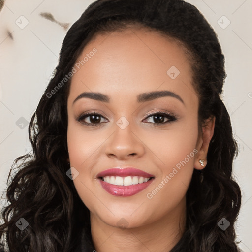 Joyful white young-adult female with long  black hair and brown eyes