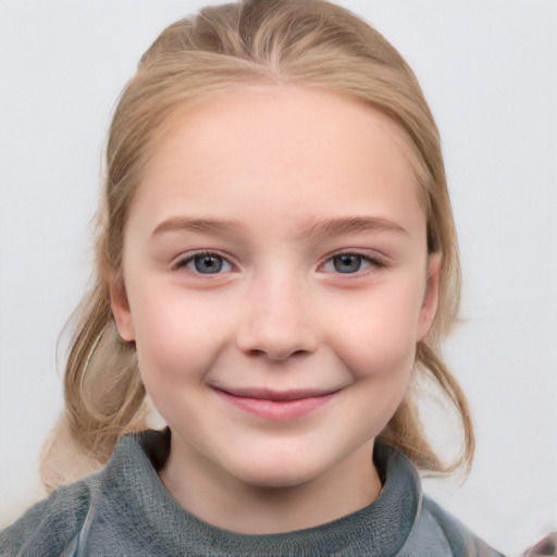 Joyful white child female with medium  brown hair and grey eyes