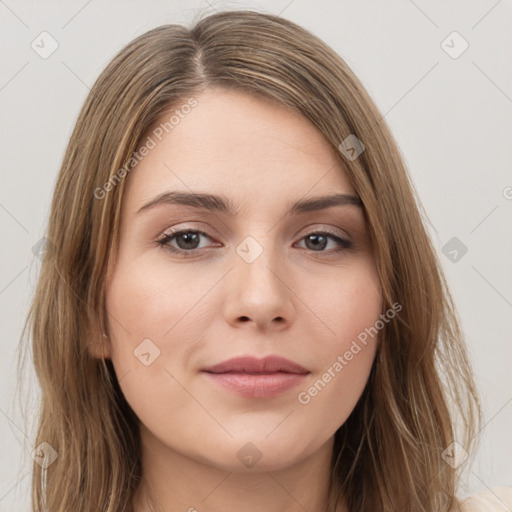 Neutral white young-adult female with long  brown hair and brown eyes