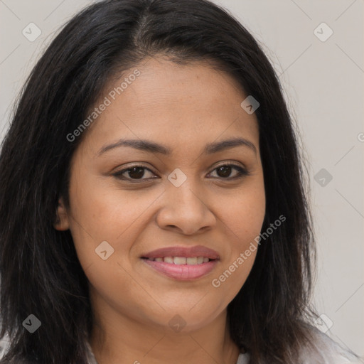 Joyful latino young-adult female with long  brown hair and brown eyes