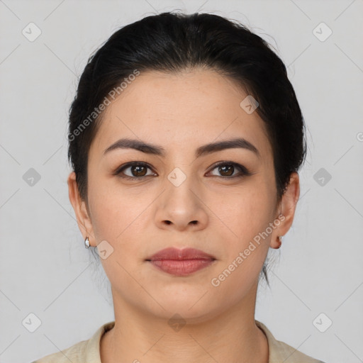 Neutral asian young-adult female with medium  black hair and brown eyes