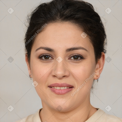 Joyful latino young-adult female with short  brown hair and brown eyes